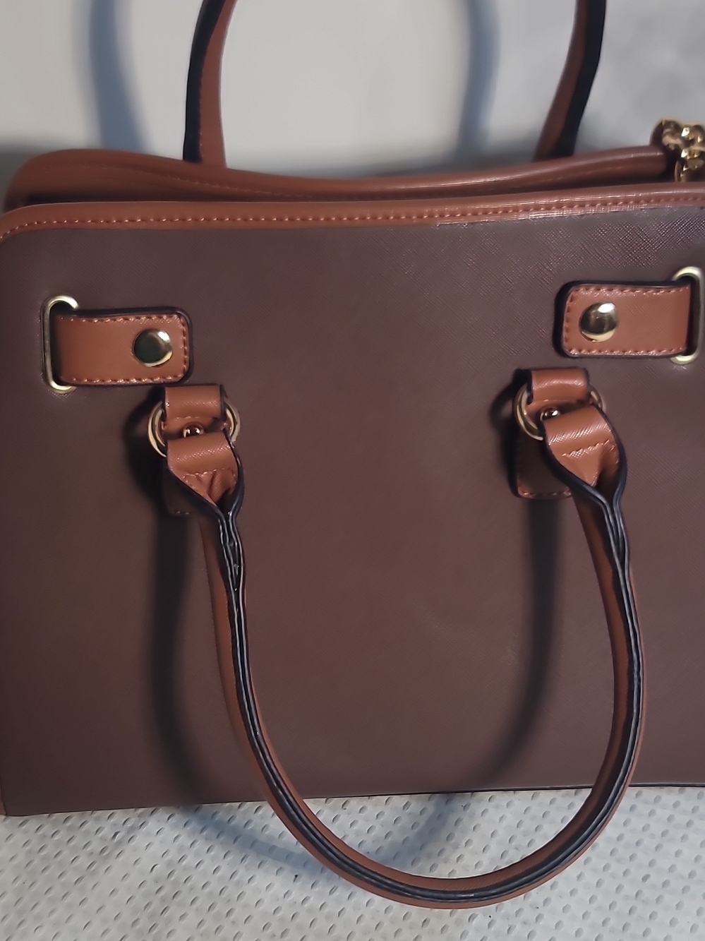 Brown Two-Tone Satchel Handbag with Gold Hardware - Picture 7 of 8